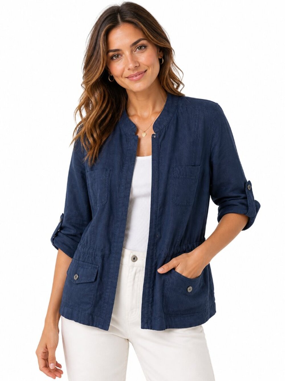 Olsen Navy Utility Jacket Linen Blend Mandarin Collar Roll Tab Lightweight M